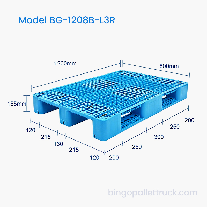 Plastikowa paleta z 3 prowadnicami o wysokiej wytrzymałości i wymiarach 1200 x 800 mm, charakteryzująca się długą żywotnością