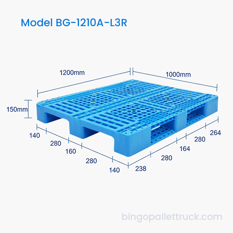 Lekka, 3-biegowa paleta z tworzywa sztucznego o wymiarach 1200 x 1000 mm do magazynu