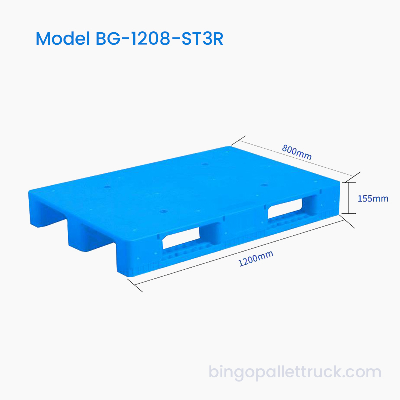 Plastikowa paleta z 3 prowadnicami o wymiarach 1200 × 800 mm z 3 prowadnicami do magazynu