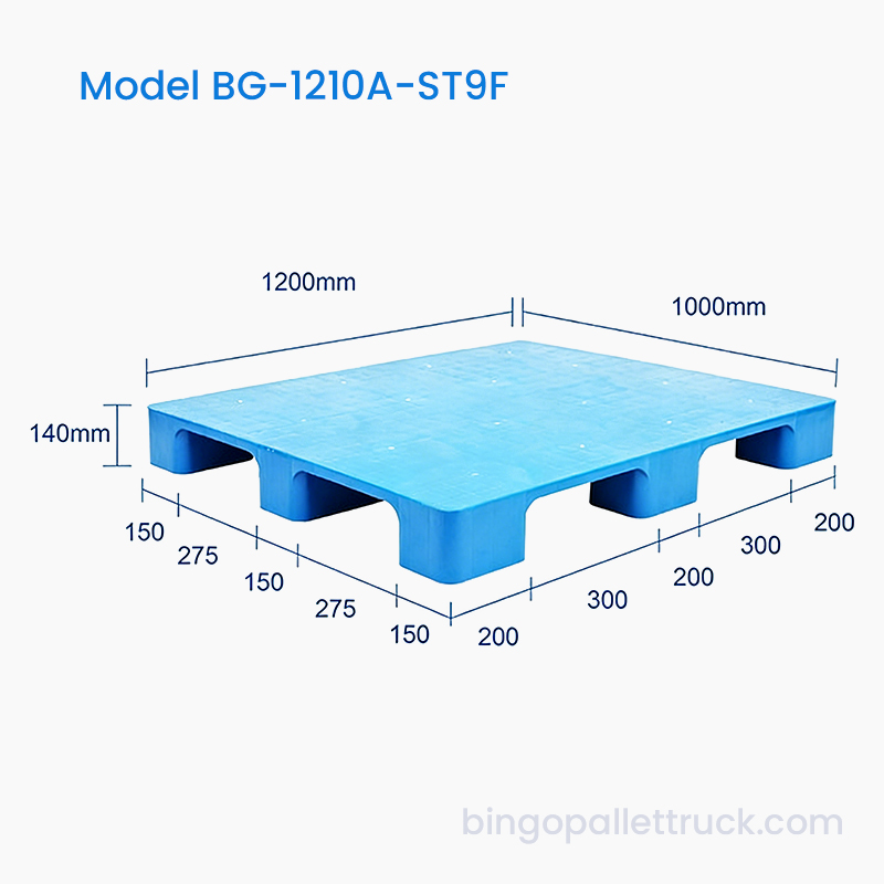 Wytrzymała plastikowa paleta o wymiarach 1200 x 1000 mm z solidnym blatem i 9 nogami do częstego transportu