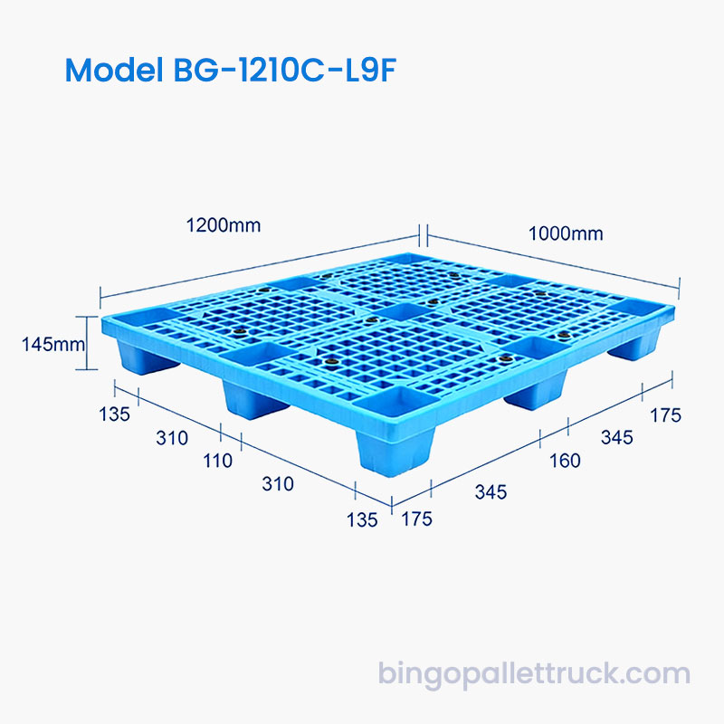 Plastikowa paleta o wymiarach 9 stóp i wymiarach 1200 x 1000 mm, kompatybilna ze standardowymi wózkami widłowymi